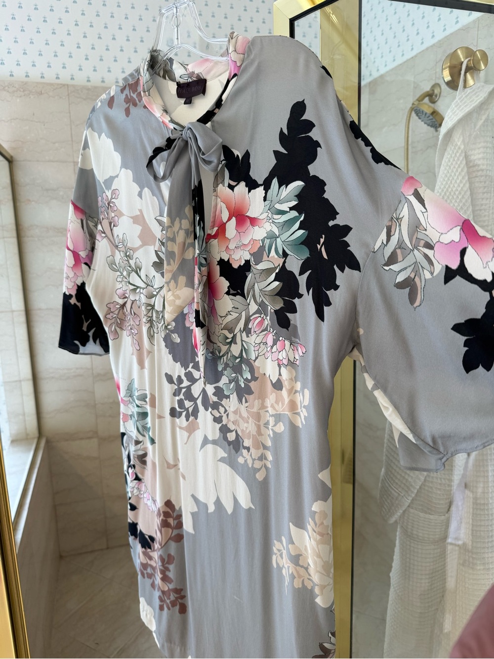 Hale Bob Pink and Gray Floral Tie-Neck Dress